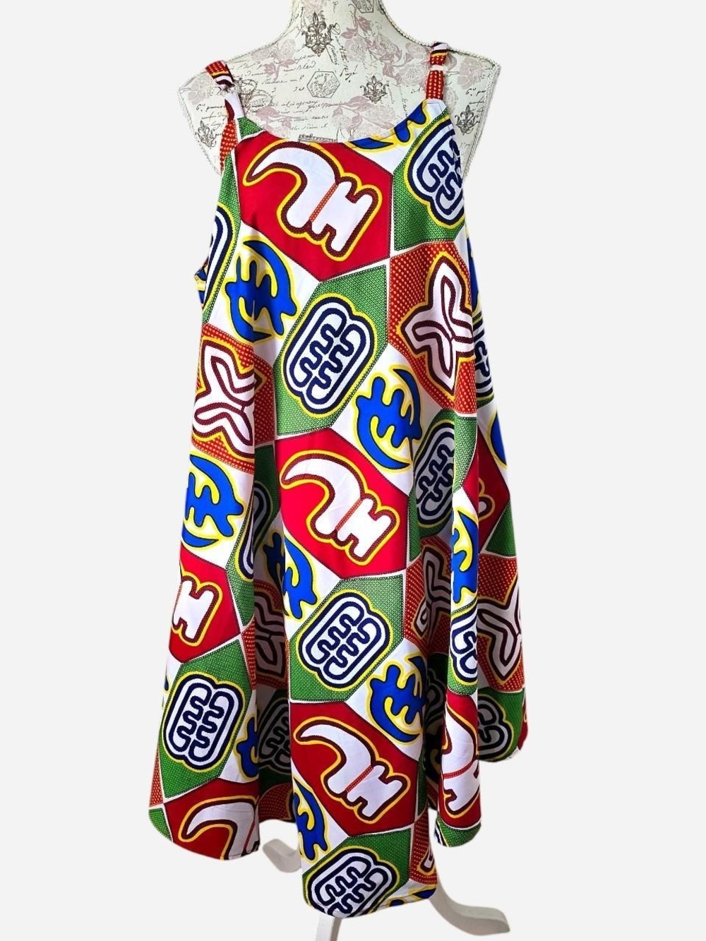 Vibrant Graphic Print A-Line Sundress - Red, Blue, Green, Yellow
